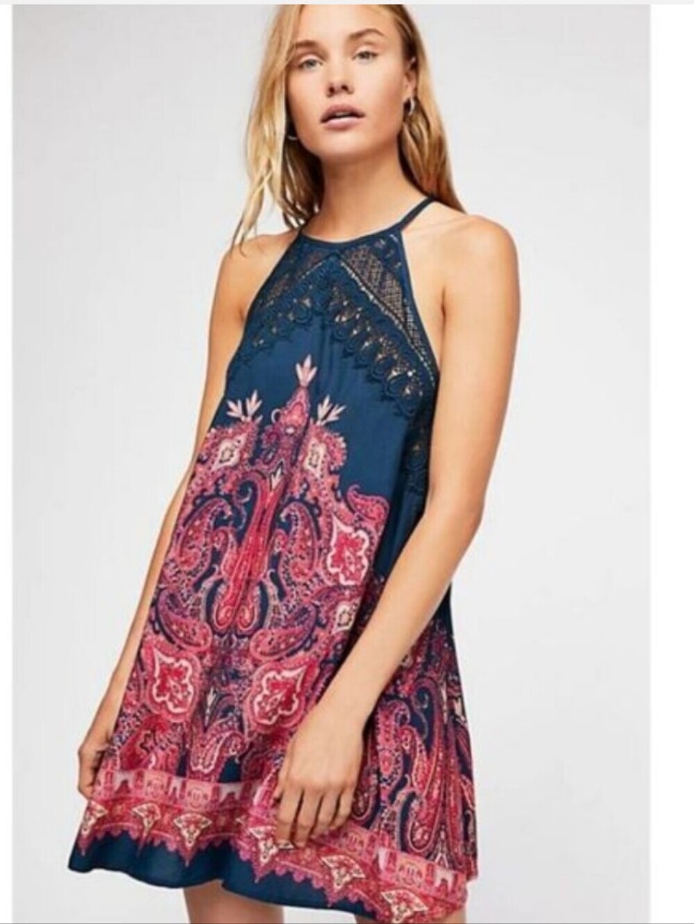 Free People Shea Printed Mini Dress Navy Blue Pink XS